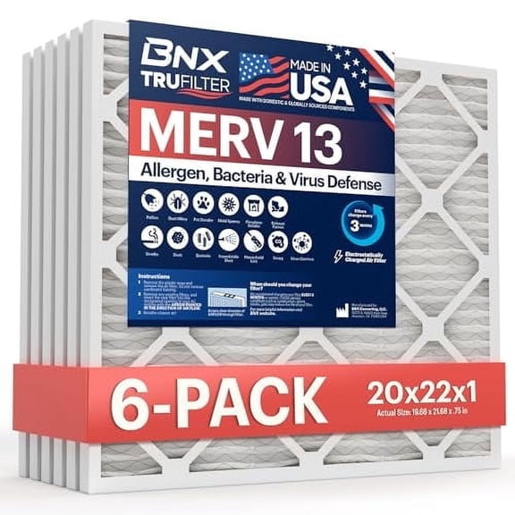 BNX TruFilter 20x22x1 Air Filter MERV 13 (6-Pack) - MADE IN USA - Electrostatic Pleated Air Conditioner HVAC AC Furnace Filters for Allergies, Pollen, Mold, Bacteria, Smoke, Allergen, MPR 1900 FPR 10