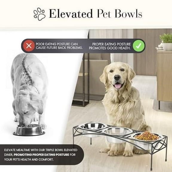 NMN Designs Regal Triple Diner - Triple Bowl Dog and Cat Feeder Stand - Ideal for Feeding Multiple Pets - Durable Wrought Iron Construction with 3-2 Qt Stainless Bowls - 26.5" L x