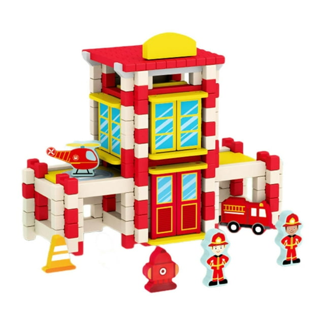 BELOVING Wooden House DIY Building Blocks Set Engineering Learning Toy Fire Station