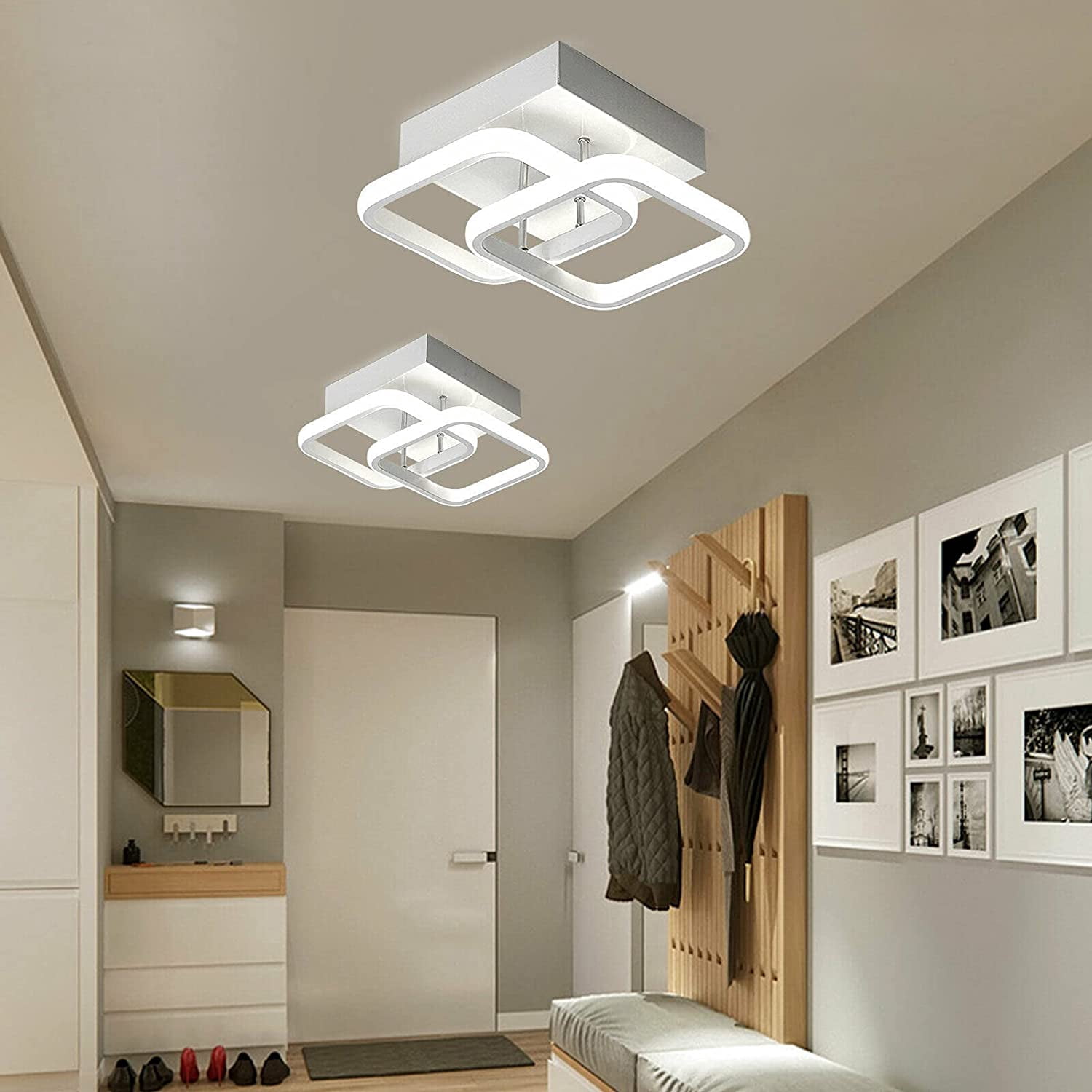 Modern Hallway LED Ceiling Light,Square Flush Mount Ceiling Lighting Fixture,Bathroom Mini 2 Head Acrylic Close to Ceiling Lamp Geometric Chandelier for Bedroom,Office,Living Room,Kitchen 22W