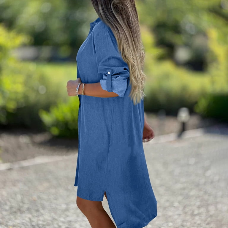 asdoklhq Nye Dresses for Womens Solid-Color Button Short-Sleeved Lapel Casual Belt Pocket Shirt Dress Blue M