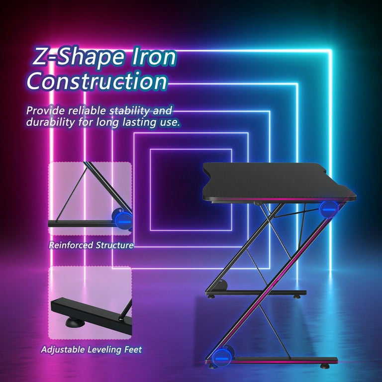 Gymax 43.5 inch Z Shape Gaming Desk with LED Lights for Gymax 43.5 inch Z Shape Gaming Desk with LED Lights for
