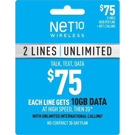 NET10 Wireless $75 Unlimited Family and Friends Plan for 2 Lines (10GB of Data Per Line at High Speeds, Then 2G) + International Calling Credit Plan e-PIN Top Up (Email Delivery)