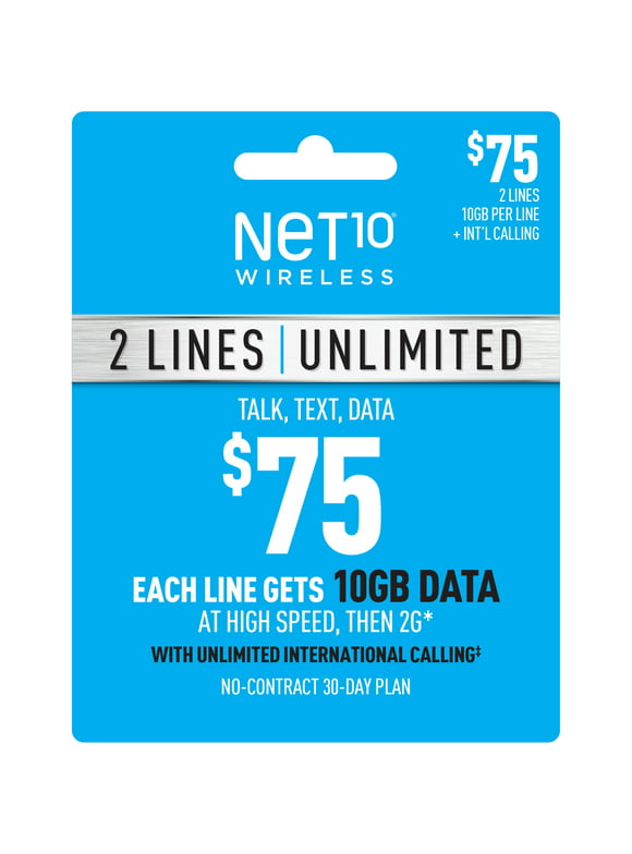 NET10 Wireless $75 Unlimited Family and Friends Plan for 2 Lines (10GB of Data Per Line at High Speeds, Then 2G) + International Calling Credit Plan e-PIN Top Up (Email Delivery)