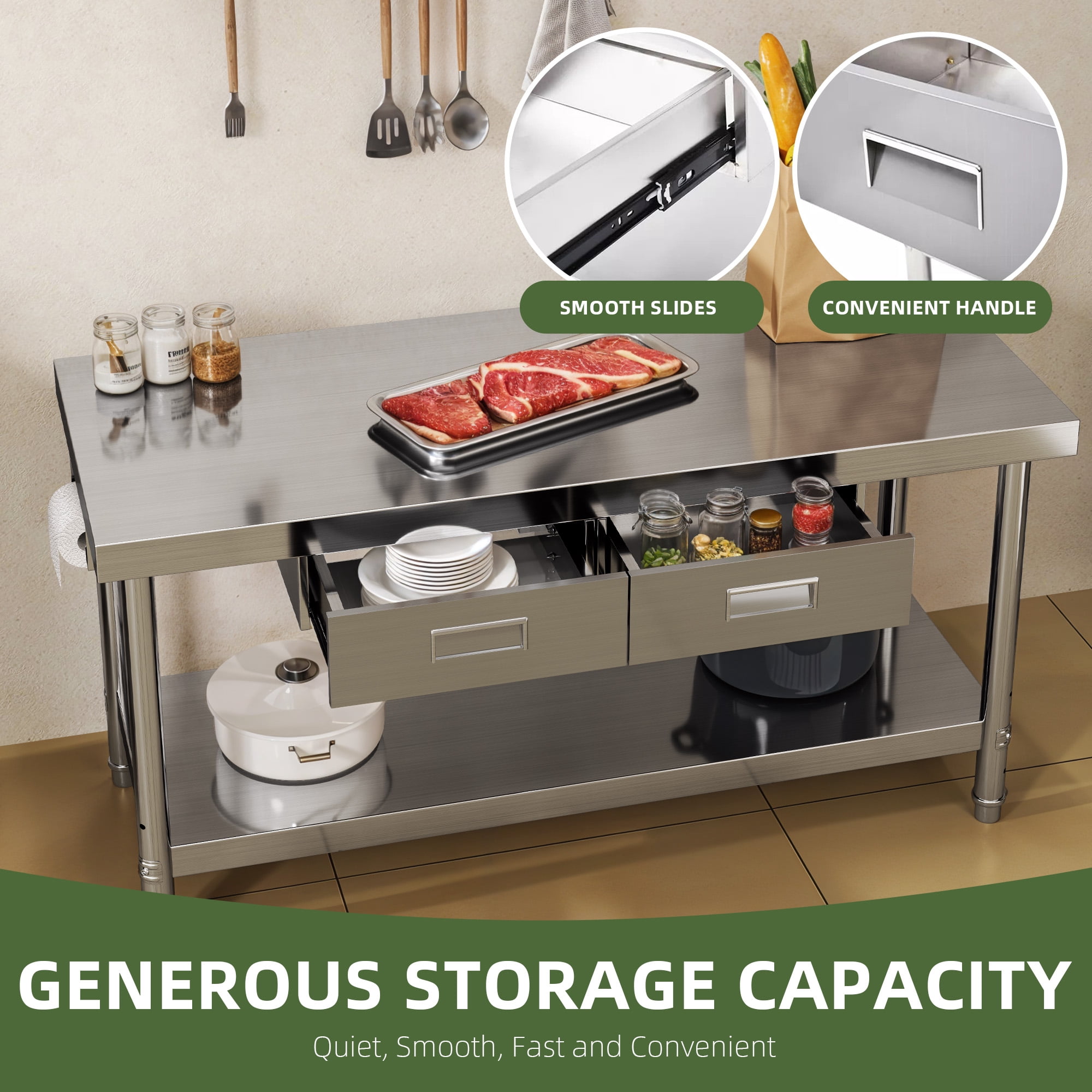 Uforic 60" x 24" Stainless Steel Prep Table with 2 Drawers, Paper Towel Holder, Adjustable Storage, Heavy-Duty Metal Workbench for Commercial, Home, Industrial
