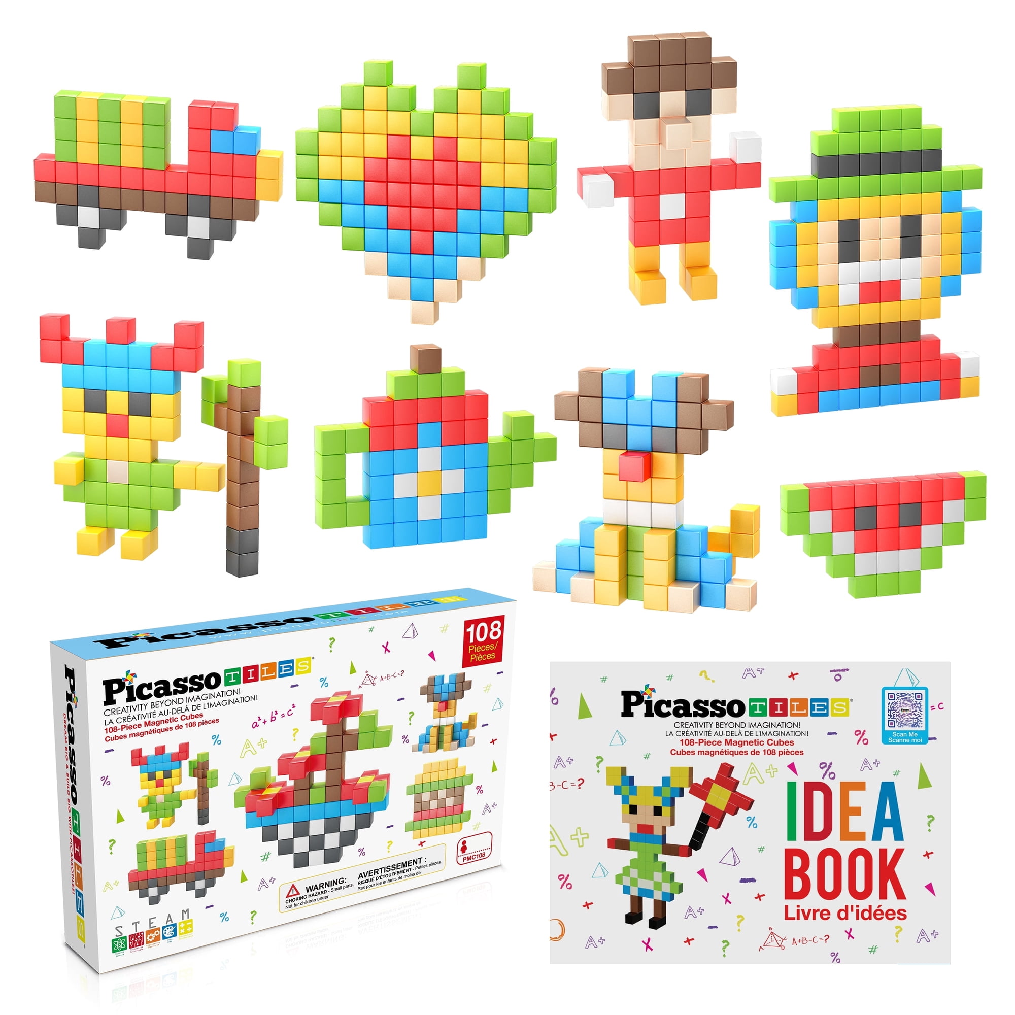 PicassoTiles 108PCS 1" Magnetic Puzzle Cubes, STEM Educational Building Blocks, Preschool Construction Toy with Idea Book for Kids Age 3+