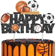 Sports ball cake topper set. Glitter baseball, soccer, football picks for boys' birthday or baby shower themes.
