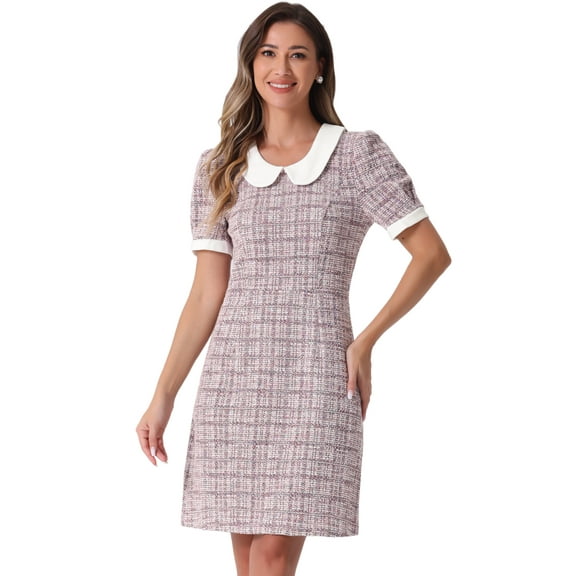 DARING DIVA Peter Pan Collar Plaid Puff Mini Tweed Dress XS Pink