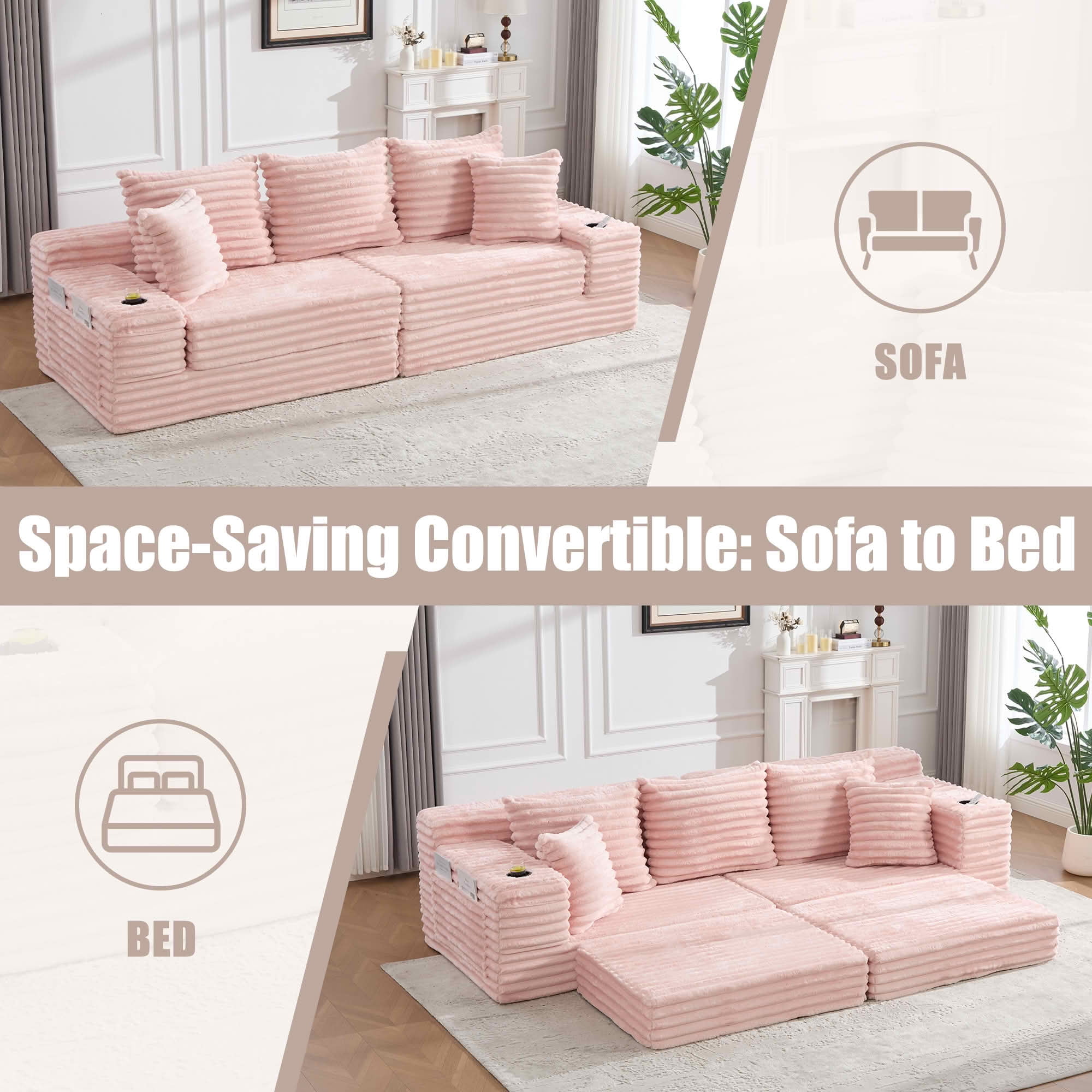 MAYEERTY 4-Seater Boneless Cloud Sofa Bed, Breathable Corduroy Upholstered Couch with Pillows, Cup Holders & Side Pockets, No Assembly for Home Small Spaces