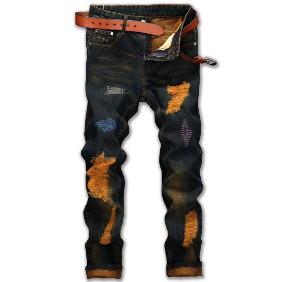 Ginsiom Mens Slim Fit Ripped Jeans Distressed Printed Denim Pants