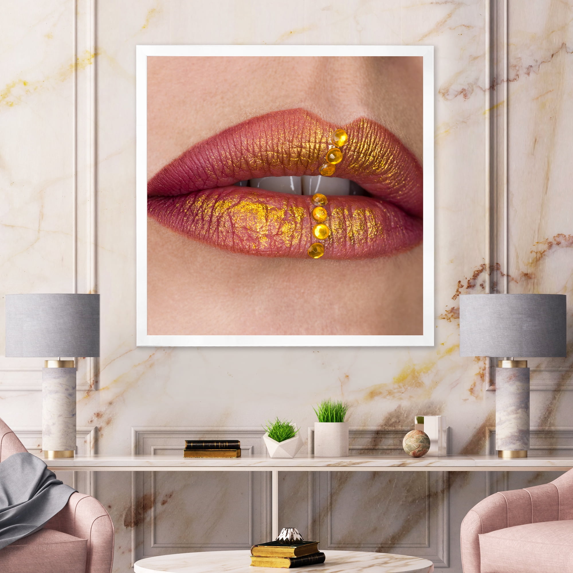 Designart 'Woman Lips Close-Up With Red Lipstick, Gold Paint' Modern Framed Art Print