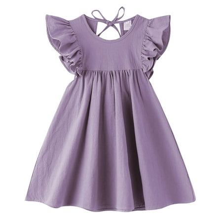 

lymanchi Girls Ruffle Sleeve Dress Cotton Linen Solid Color Cute Summer Sundress 818 Purple 120