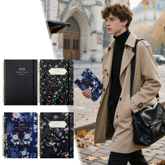 Agenda Semanal y Mensual 2026 | Tapa Dura | Etiquetas y Bolsillos Mensuales | Doble Costura | 16,5 X 21,5 Cm