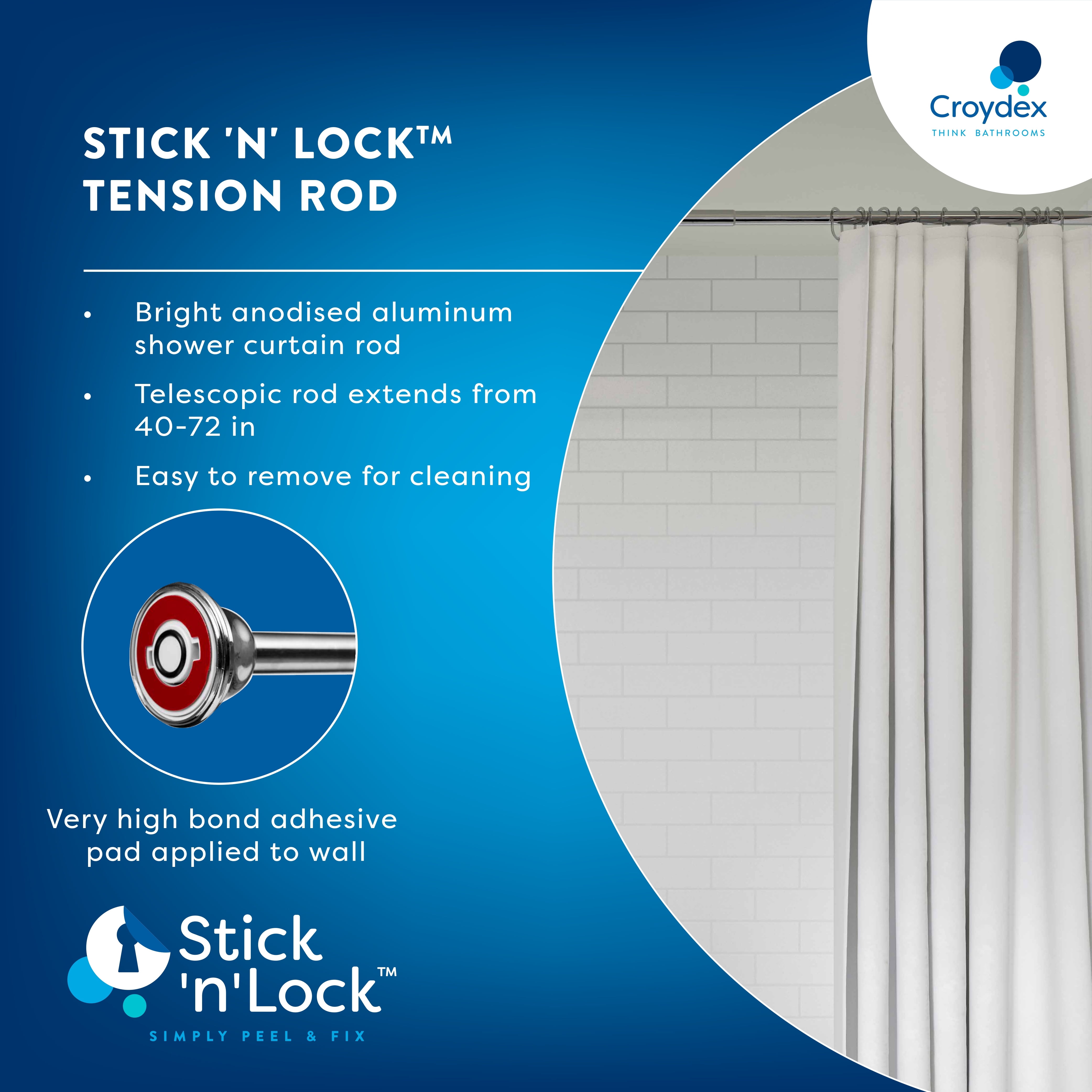 Croydex Stick N Lock Tension Shower Curtain Rod Extends 40-72in, Stainless Steel in Chrome