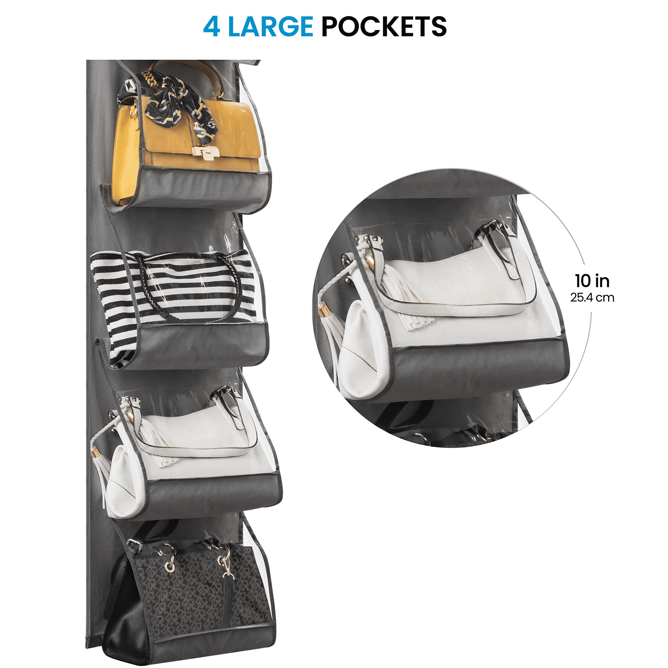  Wowangce 6 Pack Hanging Handbag Purse Organizer Larger Pockets  Thicken Metal Hooks 8 Pockets Handbag Purse Holder for Closet Foldable  Shelf Space Saving, 41.34''L x 13.78''W, Gray : Home & Kitchen