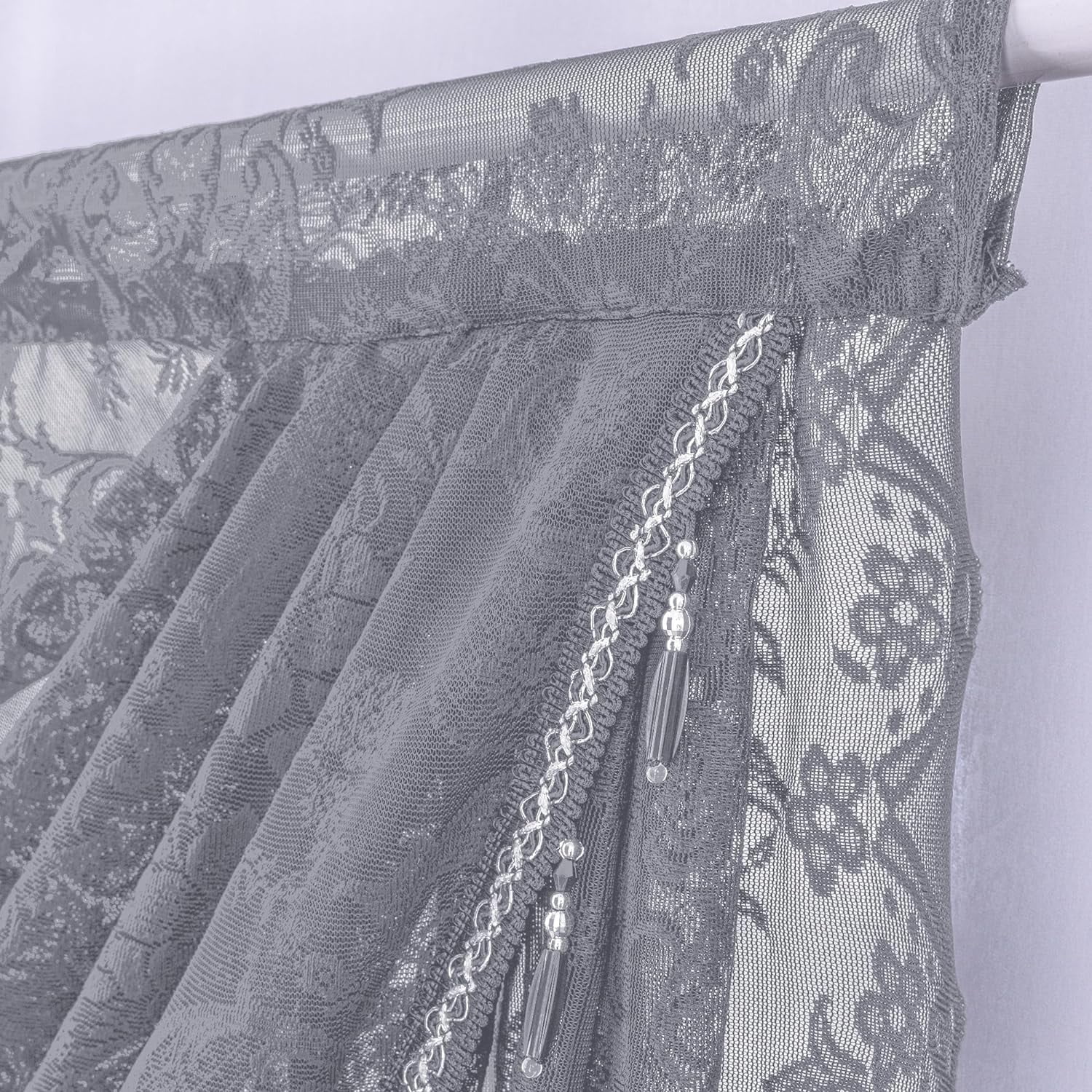 XmhyTop-A Grey Window Valance 250x105cm, 1 Piece Bead Tassels Floral Semi Sheer Rod Pocket Valance Curtains, Decorative Lace Valance for Home