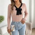 thumbnail image 2 of QIYAGBSA Womens V Neck Sweater Cable Knit Contrast Bow Detail Long Sleeve Pullover Casual Fall Winter Top (Pink L), 2 of 8