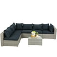 thumbnail image 2 of 7 Piece Outdoor Deck Furniture Sets with 6 Rattan Wicker Chairs, Coffee Table, All-Weather Patio Conversation Set with Dark Blue Cushions for Backyard, Porch, Garden, Poolside, LLL1308, 2 of 8