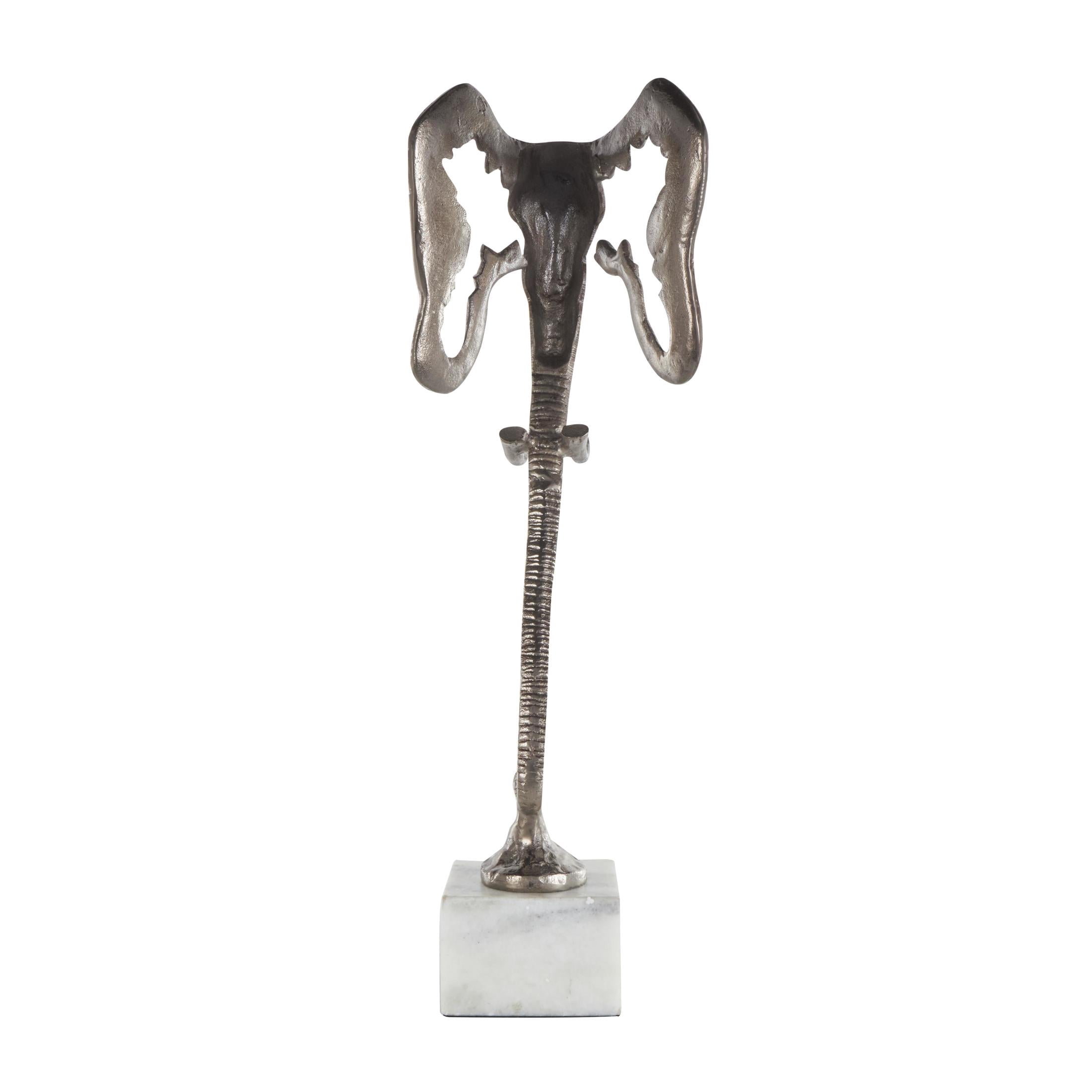 8" x 26" Silver Aluminum Metal Tall Cutout Silhouette Elephant Sculpture with Marble Base, by DecMode