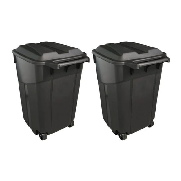 45 Gallon Trash Cans 2-Pack - Heavy Duty Plastic Garbage Cans with Lid & Wheels - Indoor Outdoor Rubbish Bins - Black