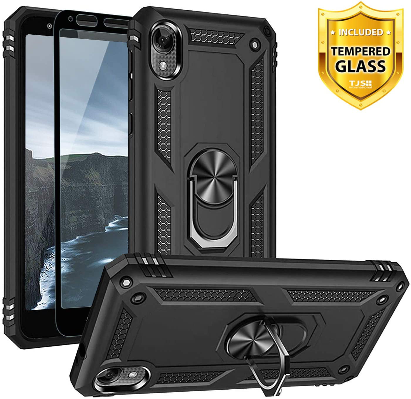 TJS Phone Case for Motorola Moto E6, [Full Coverage Tempered Glass Screen Protector][Impact Resistant][Defender][Metal Ring][Magnetic][Support] Heavy Duty Armor Phone Cover (Black)