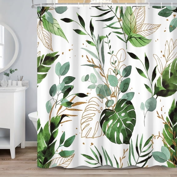 SUNOLIFE Tropical Palm Shower Curtain,Dark Green Plant Leaves Waterproof Fabric Bathroom Curtain with Hooks,60x72 in