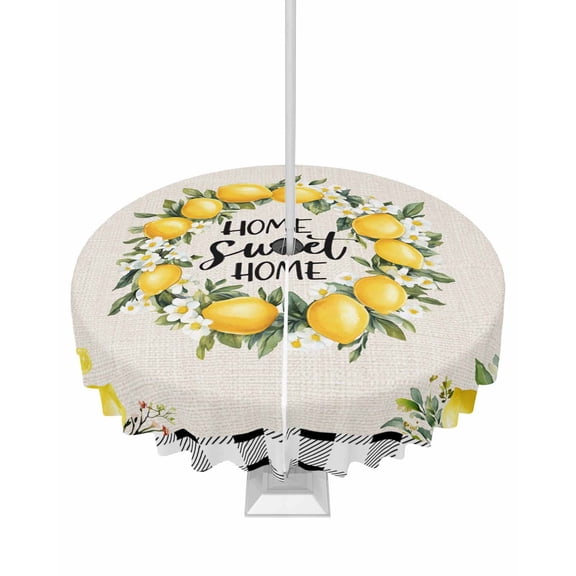 Outdoor Tablecloth with Umbrella Hole for Patio/Picnic/Party/Camping, Yellow Lemon Waterproof Table Cloth Round Cover Washable, Farmhouse Black White Buffalo Plaid Dia 60"