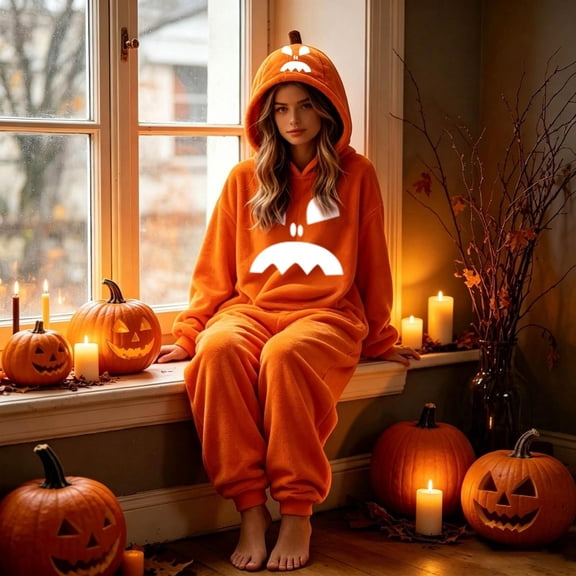 HOWPAY Adult Halloween Costumes Hooded Flannel Jumpsuit Relaxed Fit Cozy Autumn Winter Onesie Soft Halloween Outfit For Masquerade Party Sleepwear Halloween Costumes L