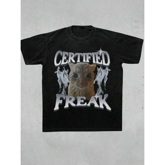 Certified Freak Funny Cat Meme Graphic Short Sleeve Loose Fit Vintage Style T-Shirt For Women, Humorous Pet Gift, Suitable For Daily Wear In Spring/Summer