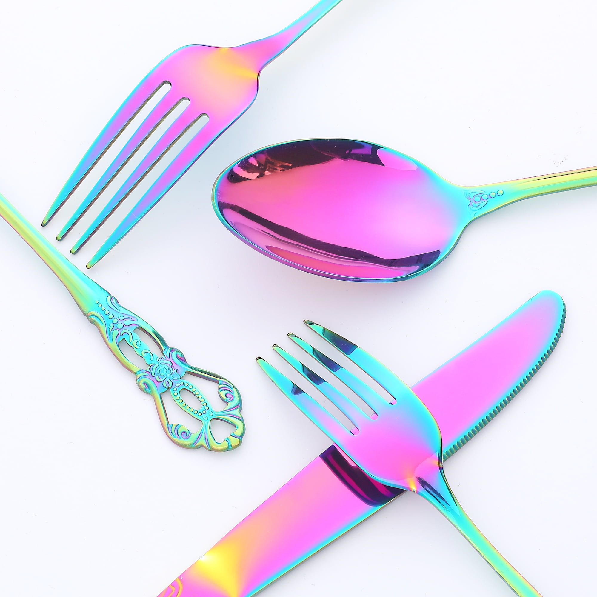 Unique Bargains 20 Piece Stainless Steel Floral Flatware Set Colorful