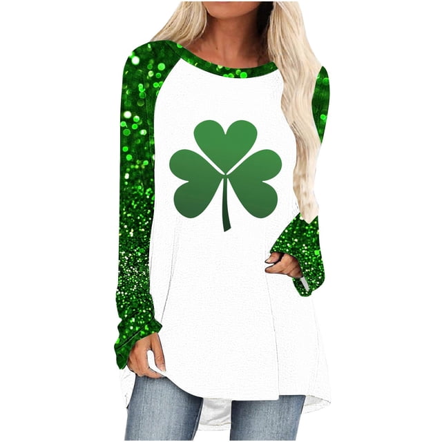 Plebaso Hauts pour Femmes de la Saint-Patrick Blouses à Col Rond Trèfle Imprimé Manches Longues T-Shirts Décontractés pour Femmes