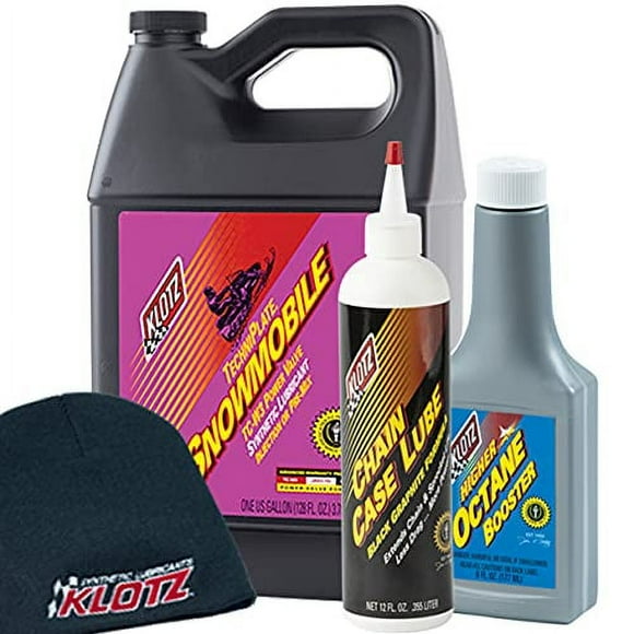 Klotz Snowmobile TechniPlate Synthetic 2-stroke PremixInjector Oil Bundle includes 1-6oz Octane Booster 1 gallon of TechniPlate 1-12 oz bottle chain case Lube and 1-Adult One size fits all Beanie