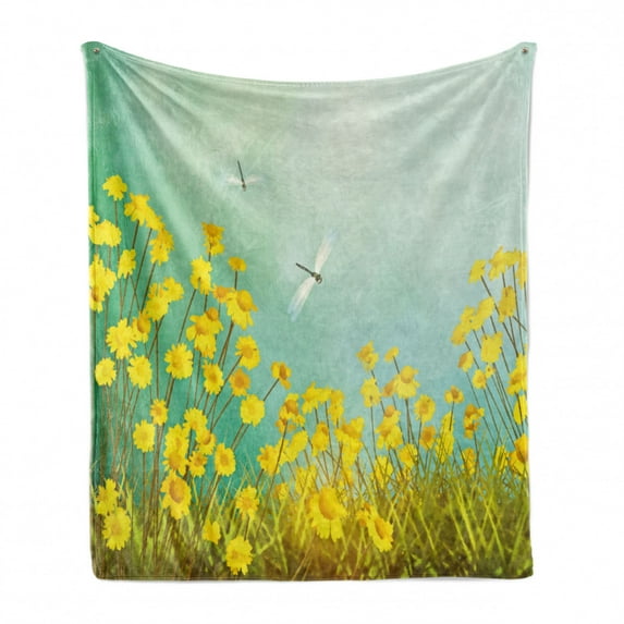 Dragonfly Soft Flannel Fleece Throw Blanket, Flourishing Landscape with Daisies on Grass and Dragonflies in the Air, Cozy Plush for Indoor and Outdoor Use, 70" x 90", Green Yellow, by Ambesonne