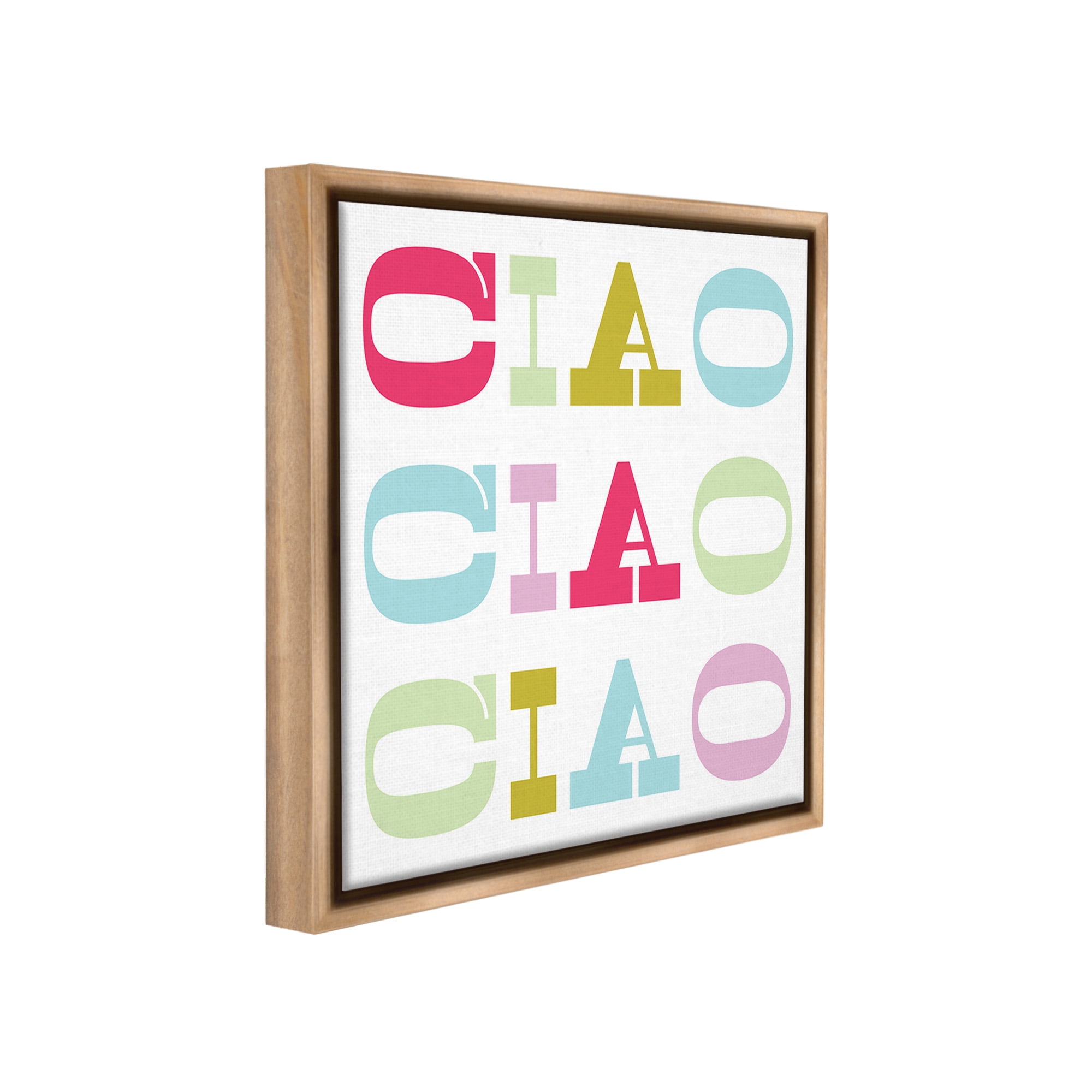 Stupell Industries Patterned Ciao Typography Typography Painting Brown Floater Framed Canvas Art Print Wall Art, 18 x 18