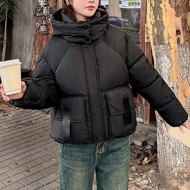 Parkas de manga larga para mujer, color liso, estilo corto, holgadas y gruesas, con capucha, bolsillo y cremallera, chaqueta de manga larga, parte superior de poliéster para mujer