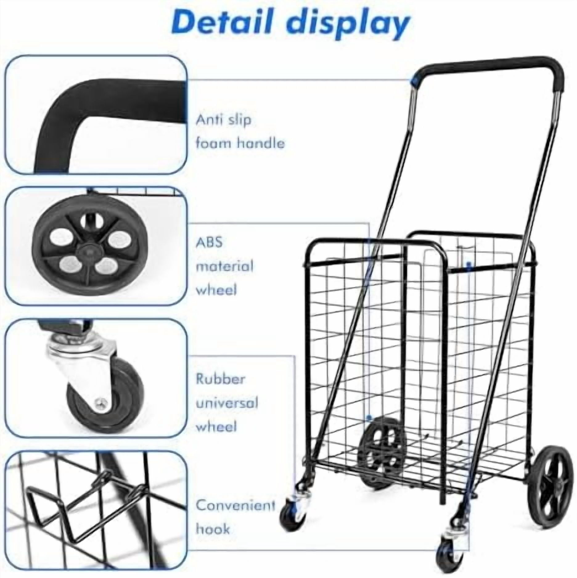 MaxWorks 50683 Grocery Steel Shopping Collapsible 1 Compartment Cart with 360° Swivel Wheels, Cart 80 lb Cap. Extended Foam Handle - Black