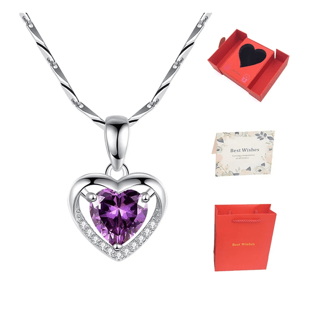 Collar Dije Corazón Plata 925 Cristal Caja De Regalo De Amor Xtellar morado
