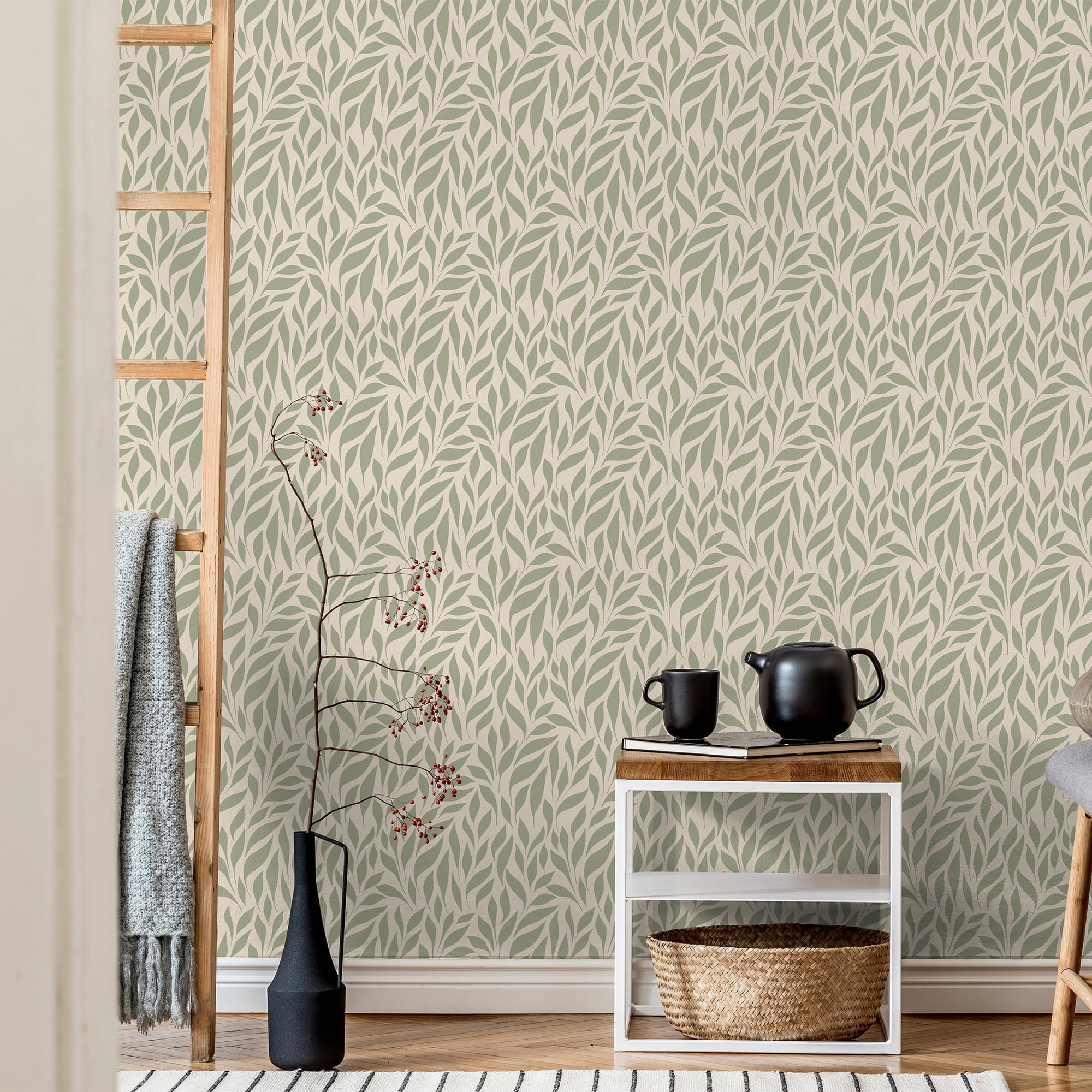 SimurgWallArts - Botanical Peel and Stick Vinyl Nursery Wallpaper – Soft Green Leaf Wall Mural, 19 x 118 in Roll, Covers 15.57 Sq.Ft.