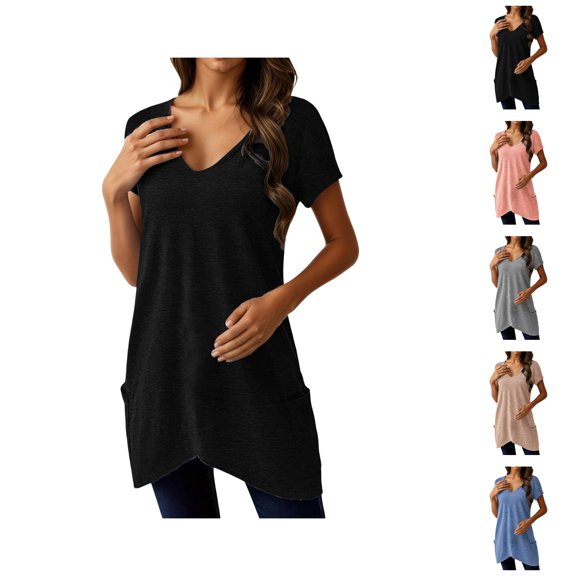 Tunic Tops for Women Summer Short Sleeve V Neck Irregular Hem Casual Plain Long T Shirts with Pockets