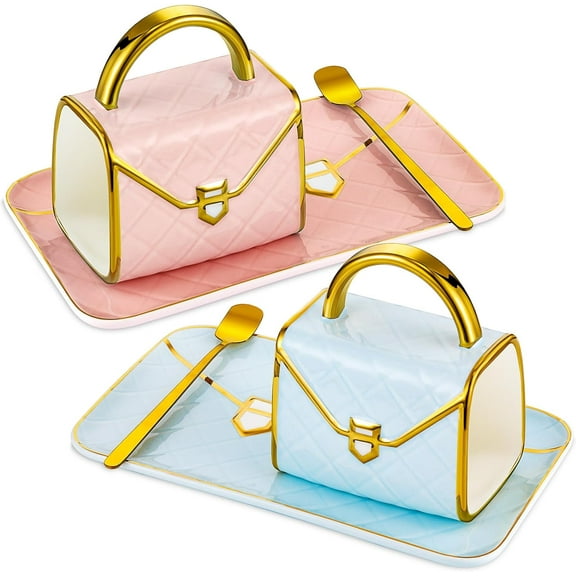2 Sets Handbag Shaped Mug and Saucer Set 10 oz/ 310 ml Ceramic Coffee Mug Purse Tea Cup with Saucer Spoon for Office Home Coffee(Pink, Blue)