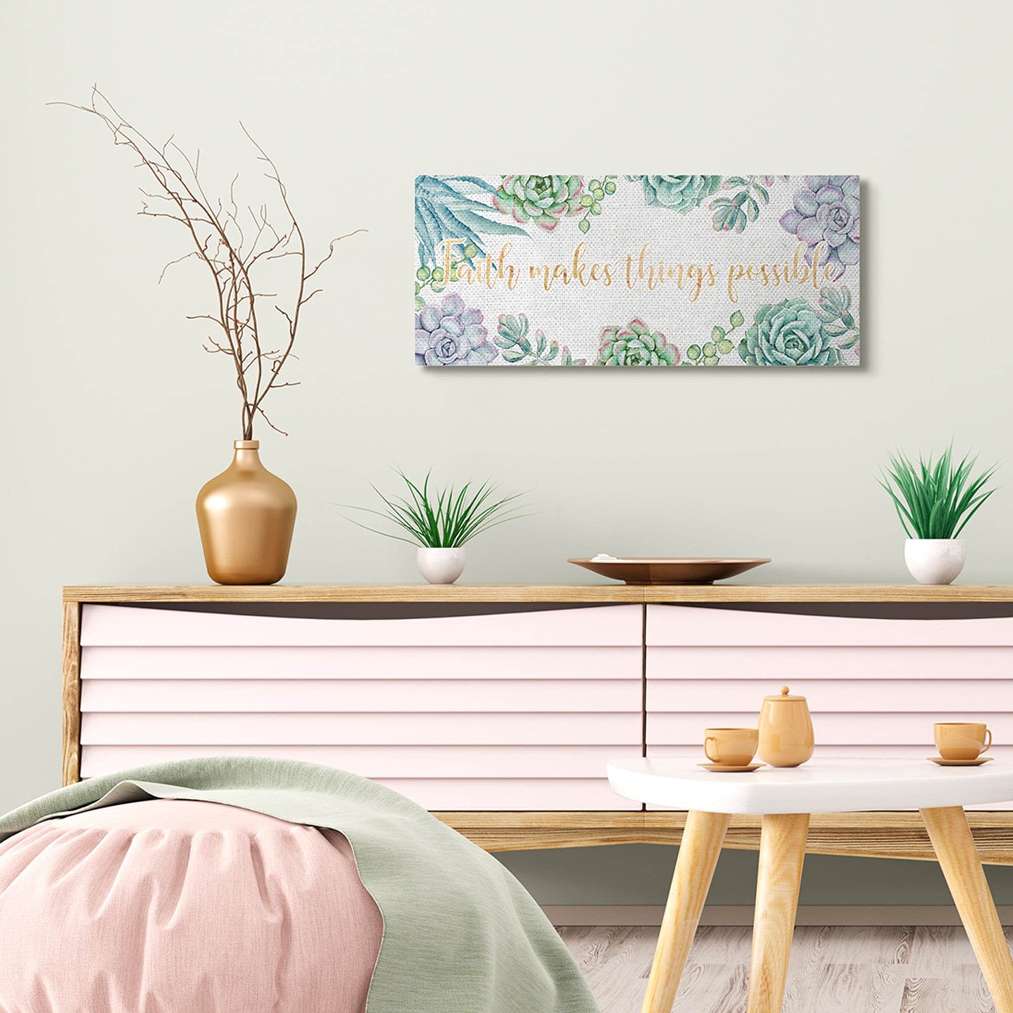 Stupell Industries Faith Makes Things Possible Quote Spring Succulents Botanical & Floral Painting Gallery Wrapped Canvas Art Print Wall Art, 13 x 30