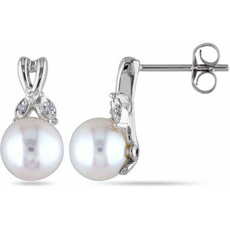 Miabella Freshwater White Pearl and Diamond Accent 10kt White Gold Stud Earrings