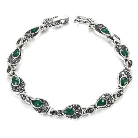Kachbutis Bracelets for Women,Vintage Chain Link Silver Plated Green Waterdrop Cluster Link Bracelet Design Bangle Bracelets Jewelry Gift