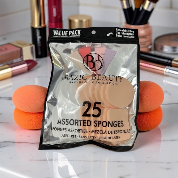 Bazic Beauty Makeup Sponge Set 25 Count Assorted Shapes Latex Free Reusable Cosmetic Sponges 1 Pack