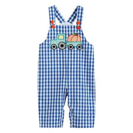 

Lil Cactus Boys Baby and Toddler Blue Gingham Pumpkin Truck Overalls