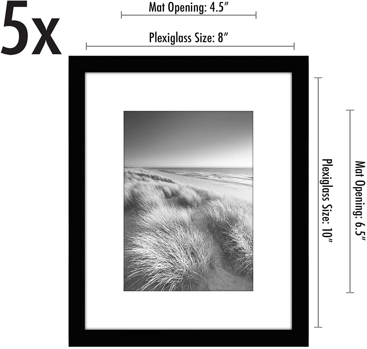 Americanflat 8x10 Picture Frame in Black - Displays 5x7 With Mat and 8x10 Without Mat - Set of 5 Frames with Sawtooth Hanging Hardware and Easel Stand Included For Horizontal and Vertical Display