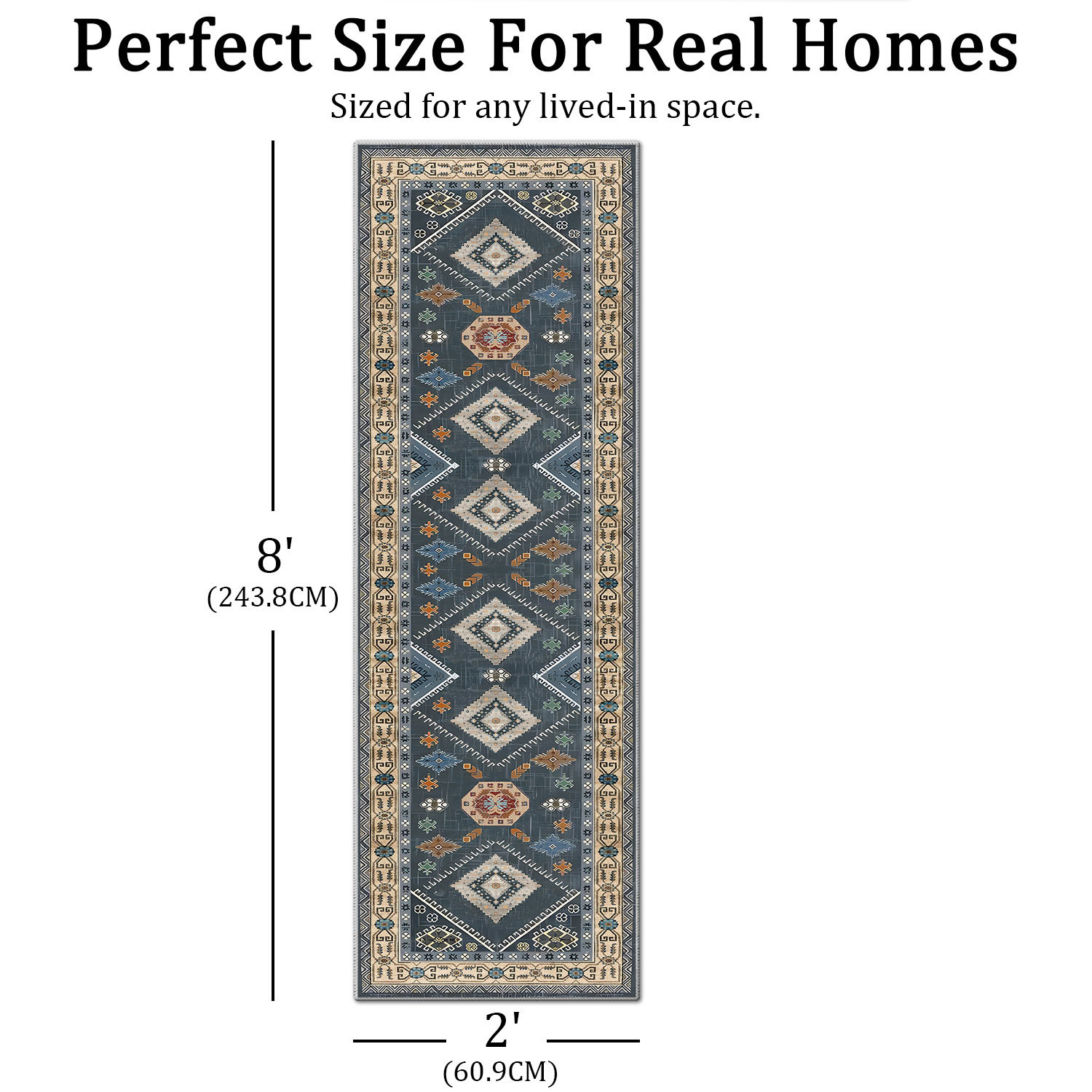 TECHVIDA 2'x8' Hallway Runner Rug Boho,Non Slip Machine Washable Rugs for Hallway Kitchen,Dark Blue