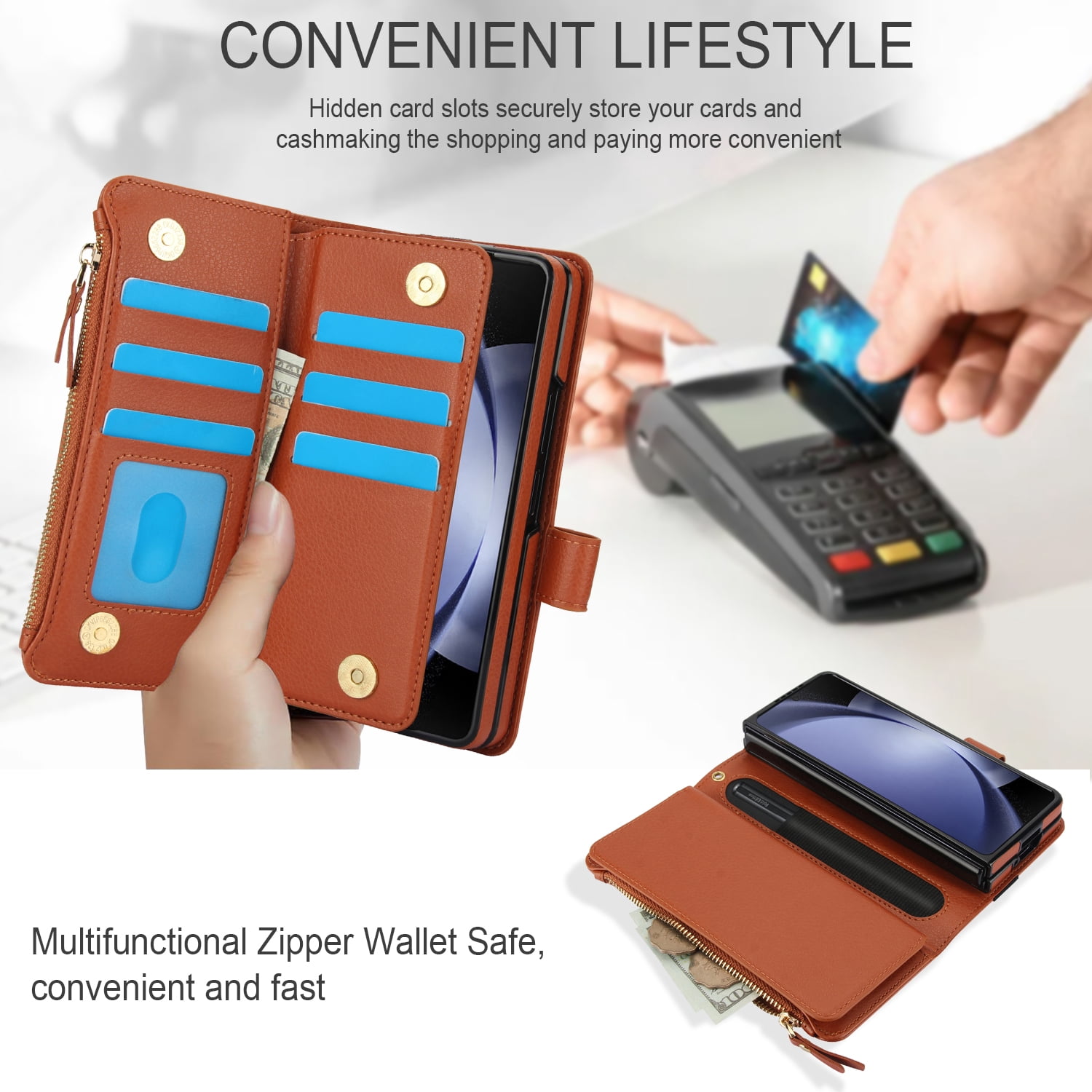 Allytechgroup for Samsung Galaxy Z Fold 7 Case Wallet, 7 Cards Slots Cash Zipper Pocket S Pen Holder Hand Strap Wrist Flip Cover Protective Phone Case for Samsung Galaxy Z Fold 7,Brown