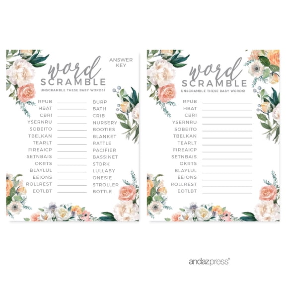 Peach Coral Floral Garden, Word Scramble Game Cards, 20-Pack, Games Activities and Decorations