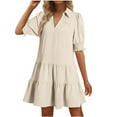 thumbnail image 2 of Antinious Ladies Summer Dress,Elegant Dresses for Women,Casual Dresses for Women Turndown Collar Short Sleeve Fold Solid V-Neck Dress,Beige,L, 2 of 5